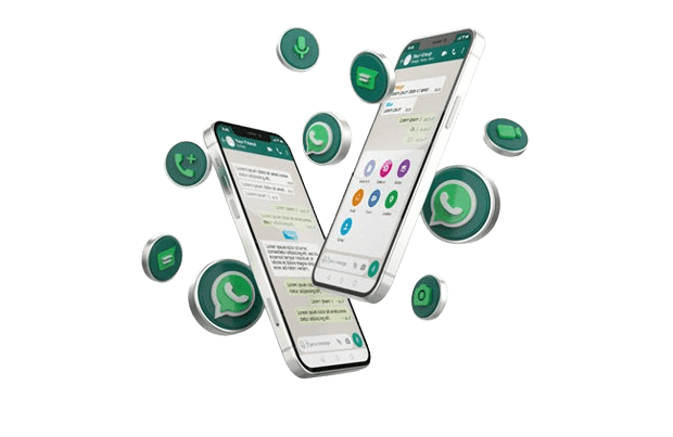 Uma imagem 3d transparente contendo dois celulares com o WhatsApp em suas telas. Um está apoiado ao "chão" e está inclinado a esquerda. O segundo está flutuando e está inclinado a direita. Ao redor deles diversas logo do WhatsApp estão flutuando